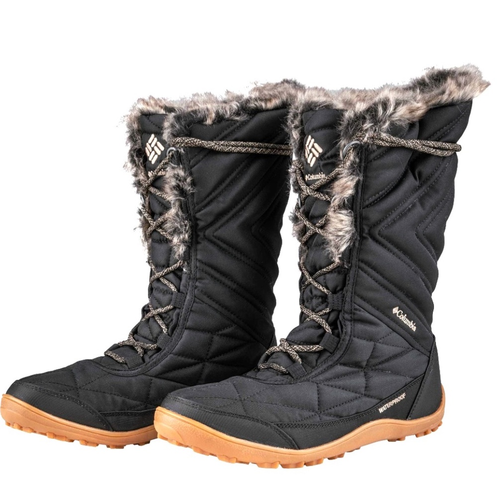 Womens Columbia Minx Mid III Faux Fur Omni Lace Snow Boots Black Khaki Size 8.5